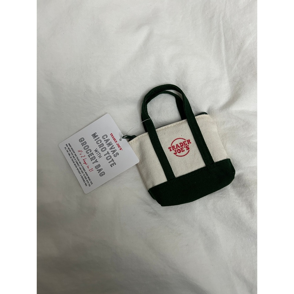 Trader Joes Canvas Micro Tote with Grocery Bag Navy Cream Mini Reusable Bag NWT